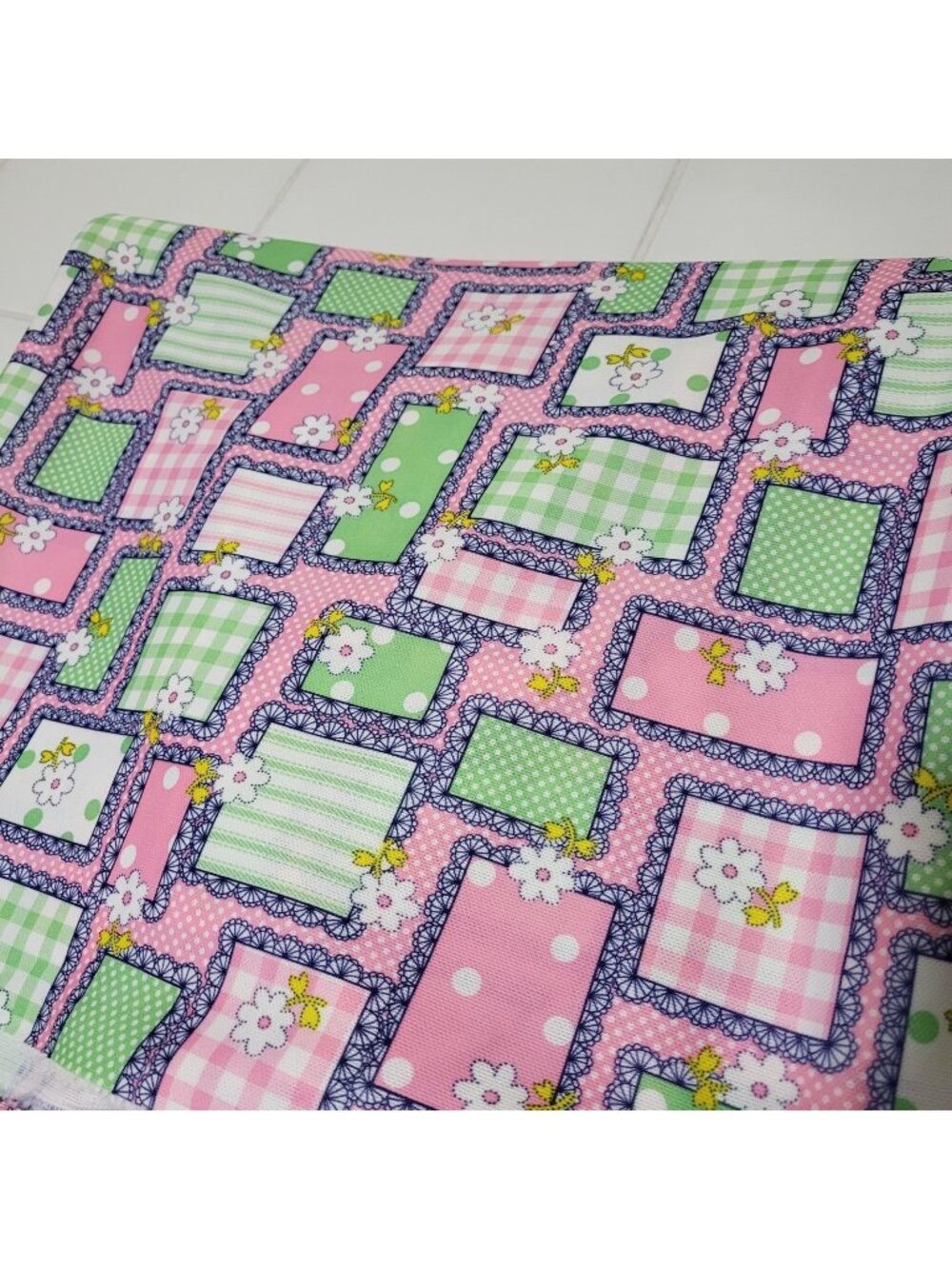 VTG 70's Patchwork print fabric poly knit stretch 5.5 yards pink gingham print